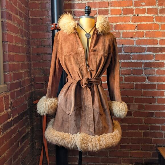Vintage Brown Suede Coat Penny Lane Jacket Leather Trench Fur Coat Afghan Small - Picture 5 of 15